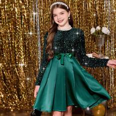 Solid Colours Skirts Children's Clothing Shein Big Girls Shiny Satin Puff Skirt Green