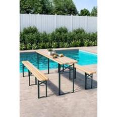 Living and Home 3 Pcs Foldable Wooden Outdoor Table Benches - Natural Patio Dining Set