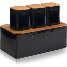 B&Q 4 Pcs Bread Bin And Canister Set With Bamboo Lid - Black Kitchen Container 4pcs