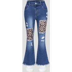 Leopard Trousers Children's Clothing Shein Girls Dark Wash Leopard Print Embroidered Distressed Flare Jeans