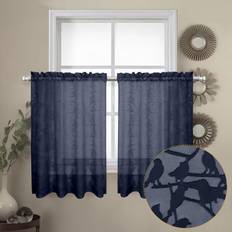 OVZME Textured Navy Blue Kitchen Sheer Curtain Tiers 36 Inch Length