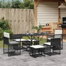 vidaXL 7 Piece Garden with Cushions Black Poly Rattan Patio Dining Set, 1 Table incl. 6 Chairs