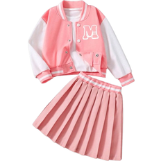 Shein Young Girls Letter Print Cropped Baseball Jacket And Ruched Skirt Set