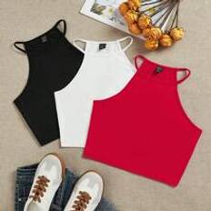 Shein Hvid Toppe Shein 3pcs/Pack Black, White, Red Women Racerback Fitted Tank Tops, Suitable For Summer