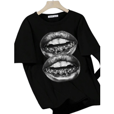 Shein Teen Girls' Exaggerated Diamond Decoration Lips Print Comfortable Outdoor Short Sleeve Tee