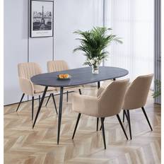 Braun Tischgruppen Hallowood Furniture Cullompton Large Table and Chairs 160 cm With 4 Light Brown Fabric Arm Chairs Dining Set