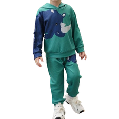 Dinosaurs Other Sets Children's Clothing Shein 2pcs/Set Young Boy Casual Cute Dinosaur Print Hooded Sweatshirt And Pants Outfit, Suitable For Outdoor, Street, School Scenes