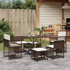 vidaXL Garden 7 Piece with Cushions Brown Poly Rattan Patio Dining Set, 1 Table incl. 6 Chairs