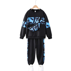 Schwarz Sonstige Sets Shein 3pcs/Set Older Boys Casual Printed Patchwork Sweatshirt, Sweatpants And Bag Set, Suitable For Spring And Autumn