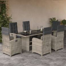 vidaXL 7 Piece Garden With Cushions Poly Rattan - Light Grey Patio Dining Set, 1 Table incl. 6 Chairs