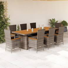 vidaXL Garden 9 Piece with Cushions Grey Poly Rattan Patio Dining Set