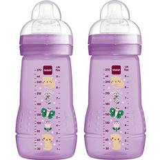Mam Easy Active Baby Bottle with Medium Flow Teats Size 2, Twin Pack of Baby Bottles, Baby Feeding, 270 ml, Purple (Designs May Vary)