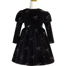 Shein Toddler Girls' Christmas Rhinestones Velvet Long Sleeve Dress With Bowknot Pattern, Suitable For Party, Black, Fit For Autumn And Winter