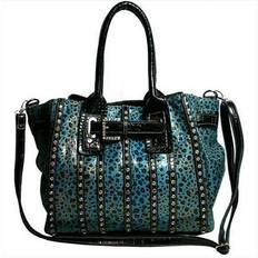 Turquoise Totes & Shopping Bags MS105-TQ-Leopard Womens Belted Leopard Print Fashion Tote Bag Striped With Rhinestones, Turquoise