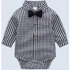 18-24M Shirts Children's Clothing Shein Baby Boys' Plaid Collared Shirt With Bow Tie, Suitable For Daily Wear, School, And Holidays, Spring & Fall