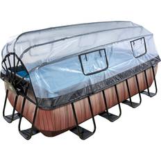 Exit Toys Wood Pool med Multifunktionellt Skydd 400x200x100 cm Stort, Rektangulärt Ram Pool med Sandfilterpump och Poolstege Extra Djupt För Rent och Varmt Poolvatten Brun