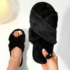 Women Fashionable Cross-Strap Fluffy & Soft Black Plush Slippers, Indoor Cozy & Lightweight Home Slippers, Carpet-Safe Quiet Slippers