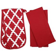 Penguin Home 3 Piece Oven Glove & Tea Towel Set - Diamond Pot Holders Red