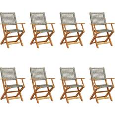 vidaXL Folding Chairs 8 pcs Grey Poly Rattan and Solid Wood Garden Dining Chair
