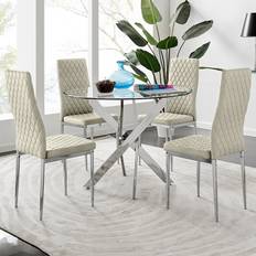 Novara Chrome Metal Round Glass Table And 4 Cream Velvet Milan Chairs Dining Set 5pcs