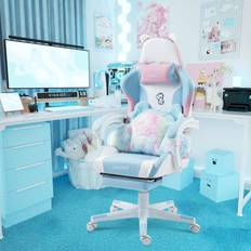 Gaming Chairs Vigosit Cute Gaming Chair with Cat Paw Lumbar Cushion and Cat Ears, Ergonomic Computer Chair with Footrest, Reclining PC Game Chair for Girl, Teen, Blue Pink