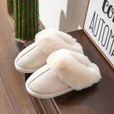 Home slippers Shein Men's Simple Solid Color Autumn And Winter Faux Rabbit Fur Flat Bottom Home Slippers, Unisex Couples Slippers