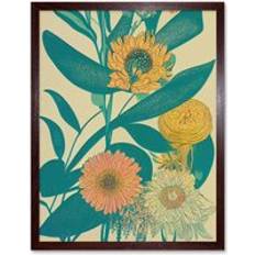 Turquoise Framed Art Wee Blue Coo Marigold Daisy Flowers Turquoise Leaves Abstract Wall Print 43 cm H x 33 cm W x 2 cm D Framed Art