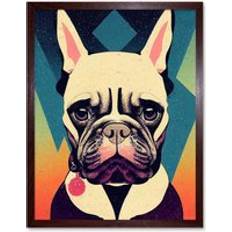 Brown Framed Art Wee Blue Coo French Bulldog Geometric Pastel Modern-Art Print W12 inch x H16 inch - Brown Framed Art