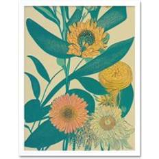 Turquoise Framed Art Wee Blue Coo Marigold Daisy Flowers Turquoise Leaves Abstract Wall Print W12 inch x H16 inch Framed Art