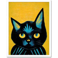 Wee Blue Coo Quirky Bold Black Cat Artwork Painting W12 inch x H16 inch Framed Art