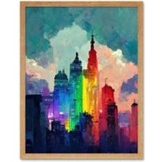 Wee Blue Coo Rainbow Skyscrapers Skyline Cityscape Abstract Painting 43 cm H x 33 cm W x 2 cm D Framed Art
