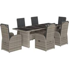 Garden & Outdoor Furniture vidaXL Garden 9 Piece with Cushions Grey Poly Rattan Patio Dining Set, 1 Table incl. 6 Chairs