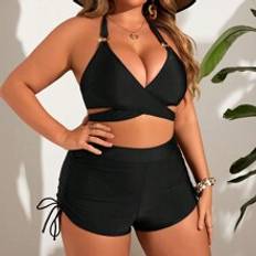 3XL Bikini Sets Shein Plus Summer Beach Solid Color Halter Neck Backless Bikini Set With Separated Bikini Set