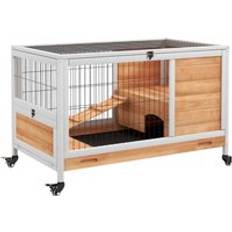 Pawhut Wood Indoor Rabbit Hutch 2-Floor Design w/ Wheels, Yellow