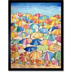House of Hampton Summer At The Seaside With Colourful Beach Umbrellas On The Sand Watercolour Painting Wall Print 9x7 Inch - Multicoloured Framed Art