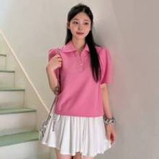 Shein Pink Polotrøjer Shein Women's Summer Solid Color Casual Fit Polo Collar Short Puff Sleeve Casual T-Shirt