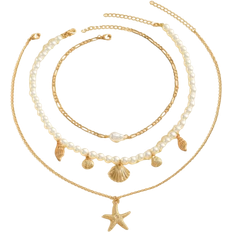 White Jewellery Sets Shein 3pcs/Set Faux Pearl, Tassel, Metal Chain, Necklace Set - Ocean, Starfish, Beach Inspired Multilayer Design For Women, Suitable For Daily Wear