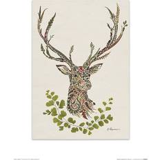 Autumn Stag Painting Print on Paper - Black;Green;Grey (40 cm H x 30 cm W x 0.01 cm D)