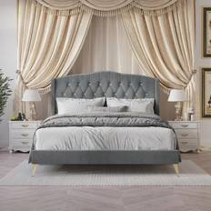 Beds Velvet Diamond Button Tufted Upholstered Platform Bed Queen in Light Grey