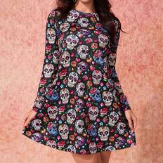 Shein Short Dresses Shein Day Of The Dead Halloween Print Ruffle Hem Long Sleeve Casual Dress