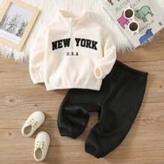 18-24M Other Sets Shein 2pcs Baby Boys Cute Letter Embroidered Fluffy Stand Collar Jacket And Elastic Waist Pants Set, Autumn Winter