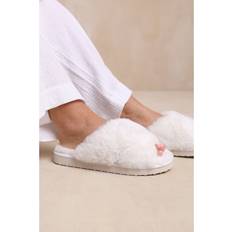 White Slippers Where's That From 'Cuddle' Cross Over Fluffy Slippers White