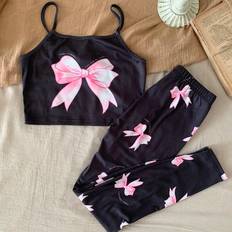 Pyjamases on sale Shein pcs Tween Girls Bow Decor Cami Pants Casual Comfy Pajama Sleepwear Set