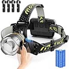 MoKo Uppladdningsbar LED-pannlampa, 2 600 mAh, batteridriven, 30 W, kraftfull pannlampa med rörelsesensor, IP68, vattentät, 90 justerbar, zoombar ficklampa för löpning, camping, fiske