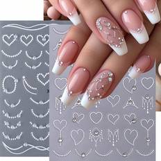 Nail Products Shein French Line Nail Stickers With Crystal Rhinestones White Pearl Heart Necklace Love Crown Stripe Lace Decals