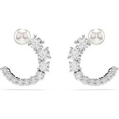 Rhodium Earrings Swarovski Women's Matrix Crystal Pearl Hoop Earrings Silver