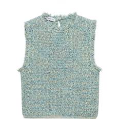 Donna - Turchese Bluse Mango Top Tweed Détail Effiloché Femme - Vert d' Eau