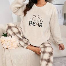 Shein Plus Womens Fleece Pajamas Set Winter Dotted Pattern Embroidered Bear Decor Crew Neck Lounge Wear