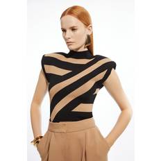 Karen Millen Women Tops Karen Millen Viscose Blend Jacquard Stripe Power Shoulder Knit Top Camel