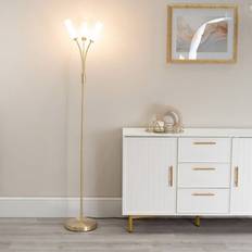 Lighting ValueLights ValueLights 3 Way Curved Arm Brushed Gold with White Drum Shade Floor Lamp